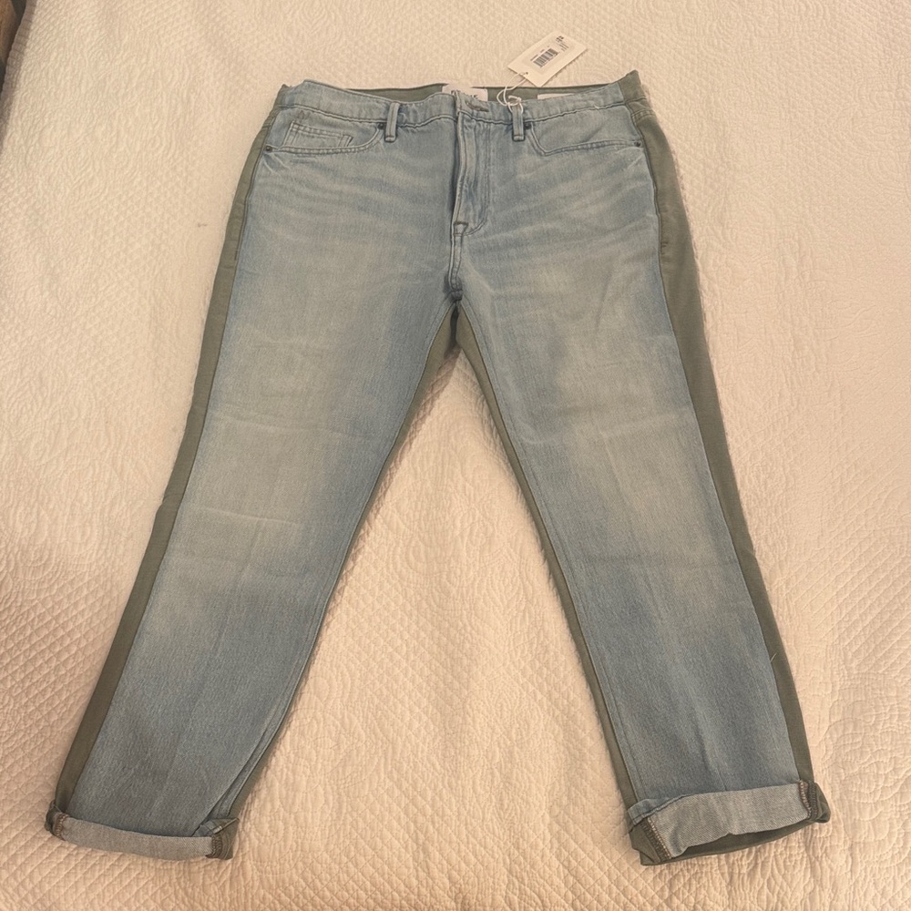 Frame Le Beau Denim two tone Light Blue front and Sage Green back.